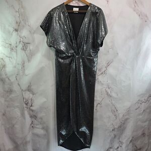 Saylor Dress Women Large Black Midi Sequin Gunmetal Twist Metallic Roslynn